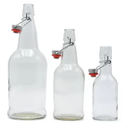 Clear EZ Cap Bottles W/ Swing Top - 1 Liter -Wine Making Equipment 41008 Clear EZ Cap Bottles Swing Tops three open